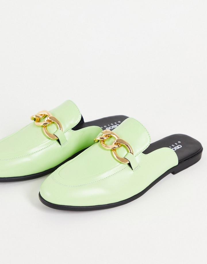 Asos Design Mule Loafer With Chain Detail And Natural Sole In Green Faux Leather