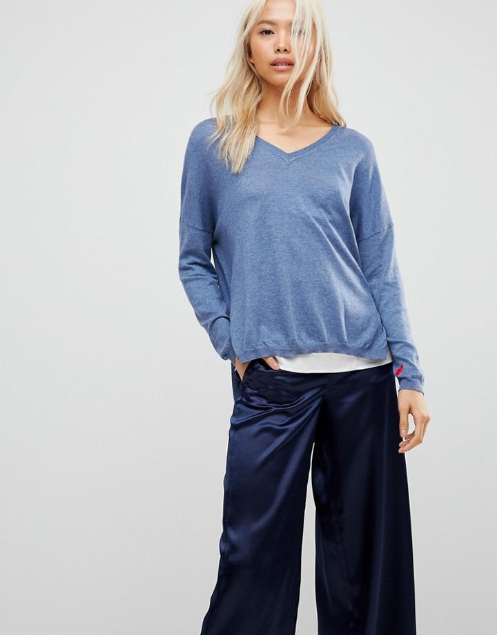 Subtle Luxury Heart Cuff V-neck Sweater - Blue