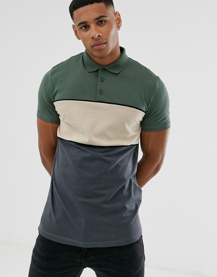 Asos Design Polo Shirt With Color Block In Khaki