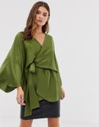 Asos Design Satin Plunge Top With Kimono Sleeve And Tie Waist - Green