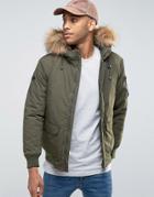Only & Sons Padded Jacket With Faux Fur Trim Hood - Green