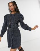 Signature 8 Balloon Sleeve Belted Denim Dress In Wash Black