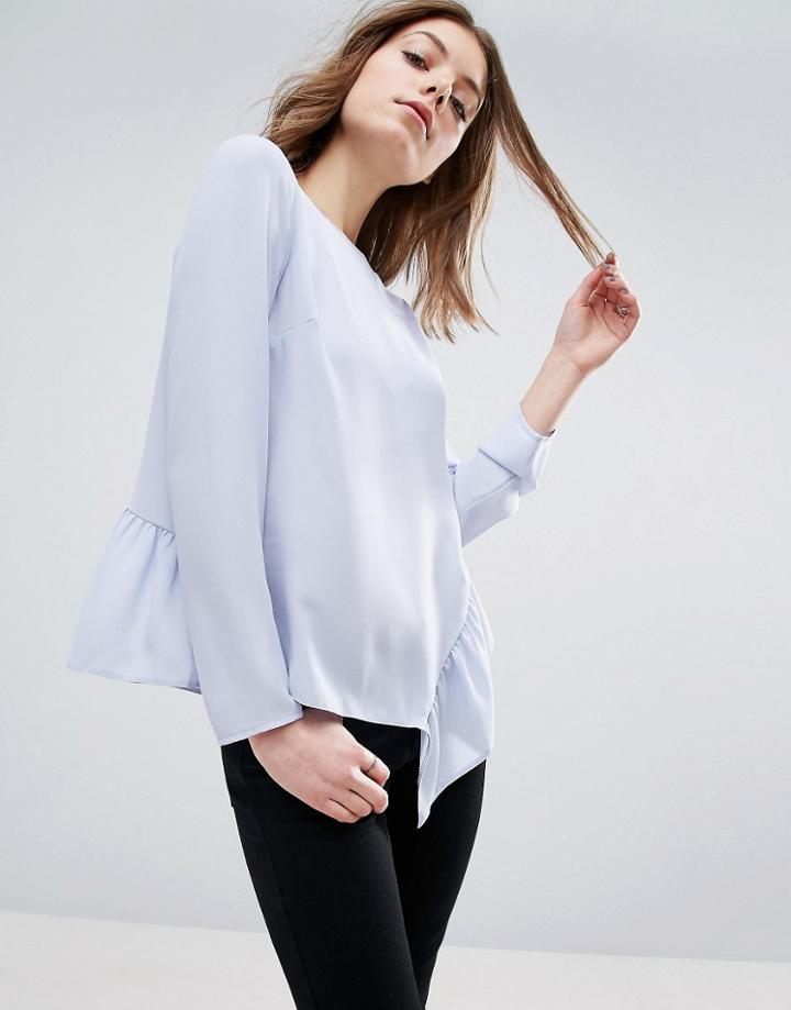 Asos Long Sleeve Top With Asymmetric Ruffle Hem - Purple