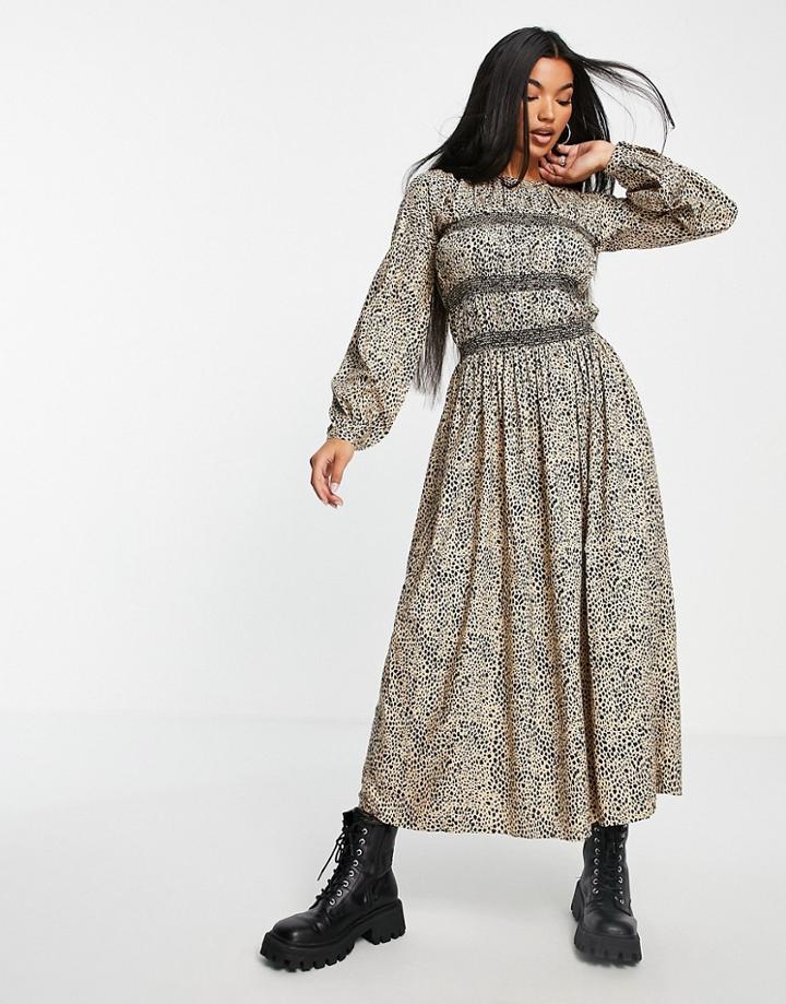 Asos Design Long Sleeve Shirred Midi Dress In Animal Print-multi