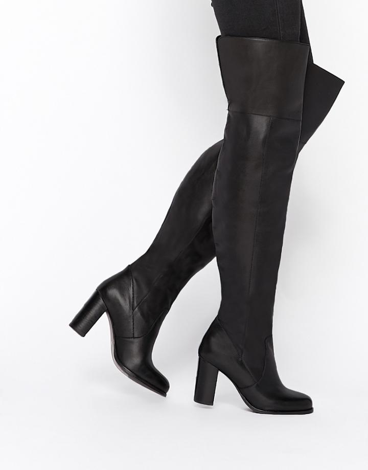 Asos Kickster Leather Over The Knee Boots - Black Leather
