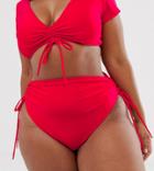 Asos Design Curve High Leg High Waist Ruched Side Bikini Bottom In Venere Red - Red