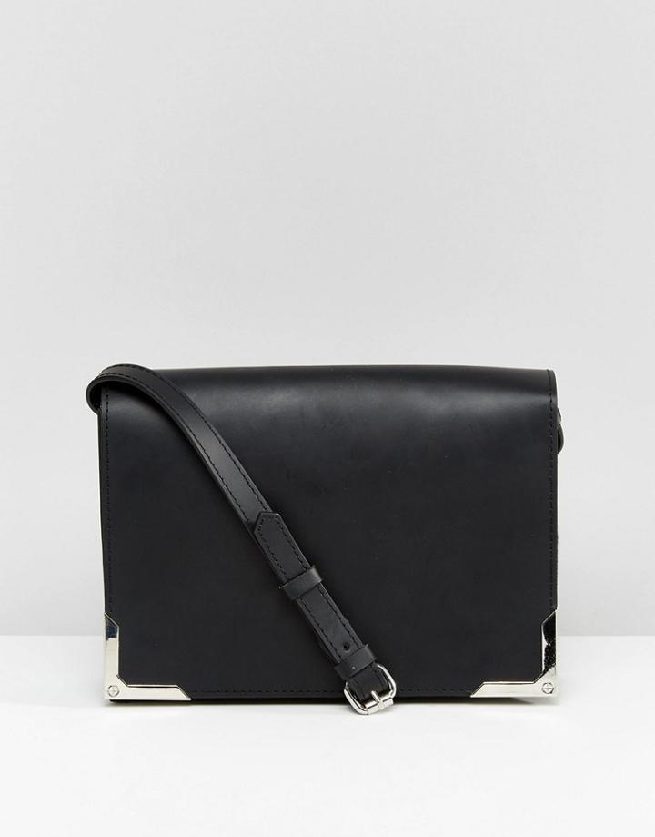 Asos Leather Shoulder Bag With Metal Corners - Black