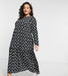 Asos Design Curve Long Sleeve Tiered Smock Midi Dress In Black Dot Floral Print-multi