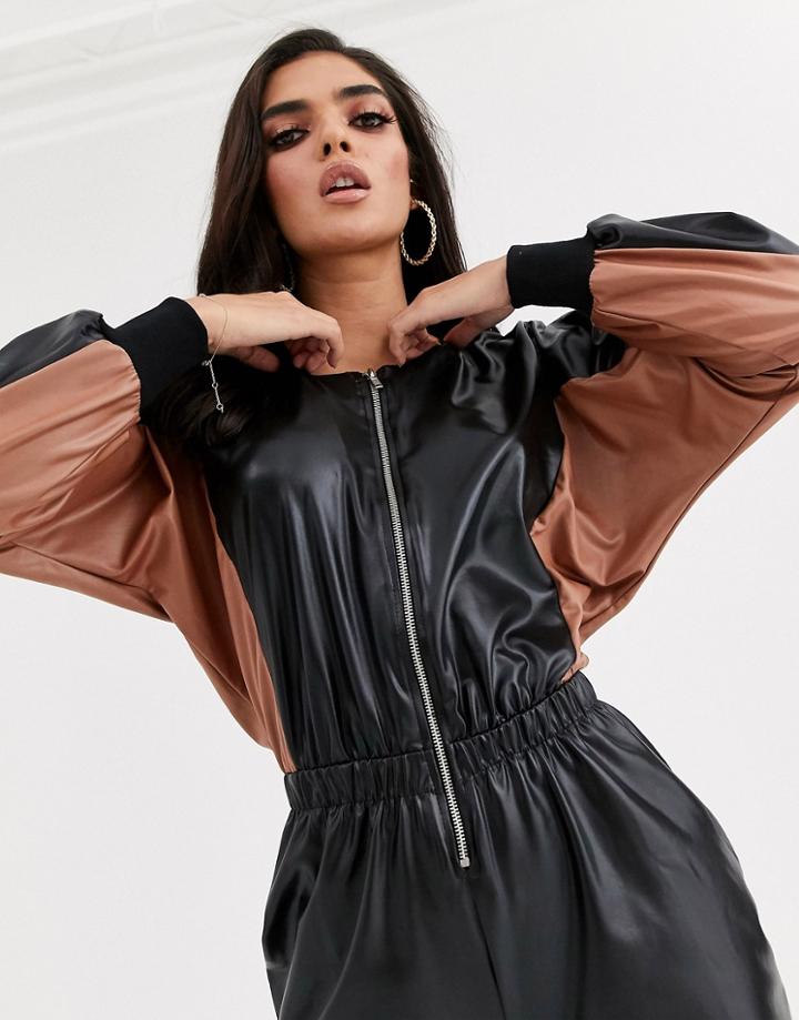 Asos Design Contrast Pu Romper With Zip Front