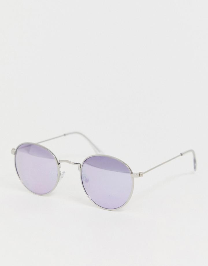Asos Design Metal Round Sunglasses In Silver With Mirror Lilac Lens - Silver