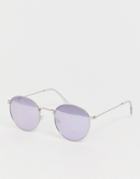 Asos Design Metal Round Sunglasses In Silver With Mirror Lilac Lens - Silver
