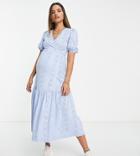 Asos Design Maternity Eyelet Short Sleeve Tiered Wrap Midi Dress In Cornflower Blue