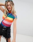 The Ragged Priest High Neck T-shirt In Rainbow Stripe - Multi