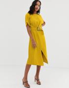 Asos Design Midi Dress With Faux Mono Tortoiseshell Buckle In Texture - Yellow