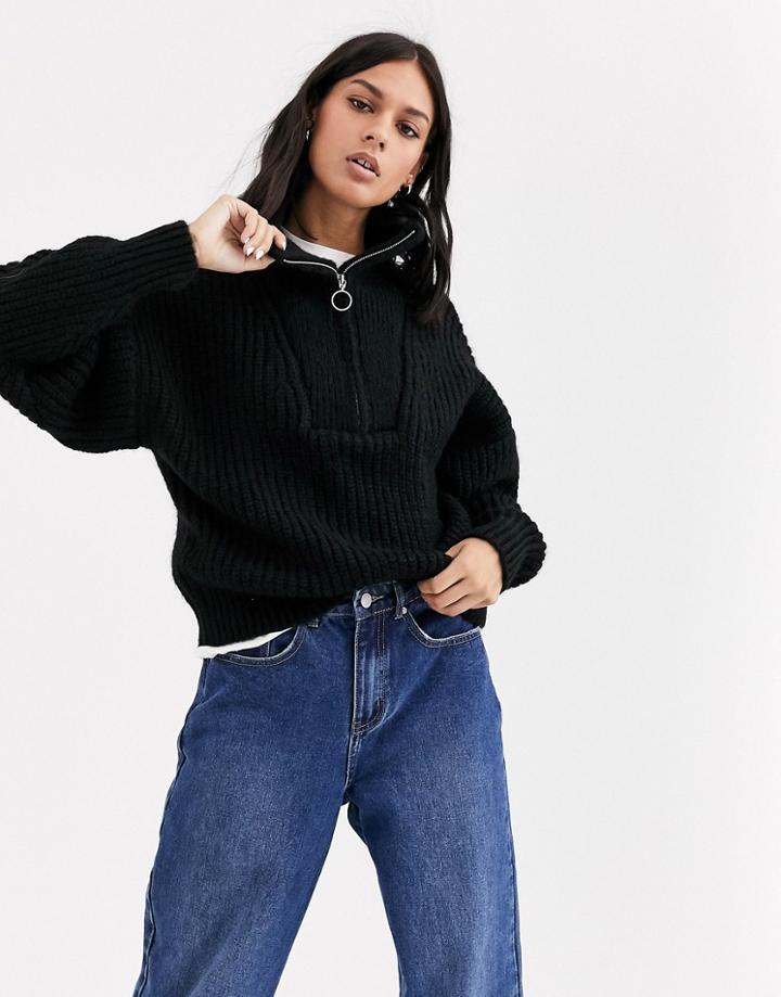 Asos Design Chunky Rib Sweater With Zip Detail-black