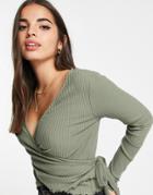 Asos Design Long Sleeve Wrap Top In Rib With Tie In Khaki-green