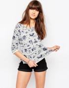 Only Attack Floral 3/4 Sleeve Sweatshirt In Gray & Blue - Light Gray Melange A