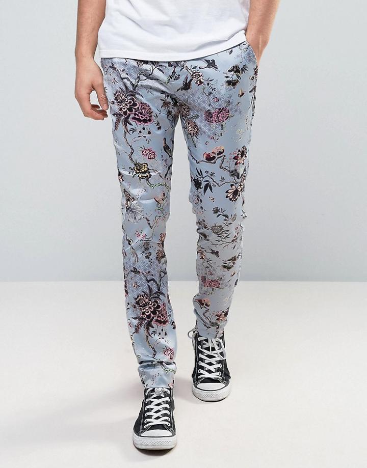 Asos Super Skinny Floral Pants In Sateen Fabric - Blue