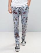 Asos Super Skinny Floral Pants In Sateen Fabric - Blue