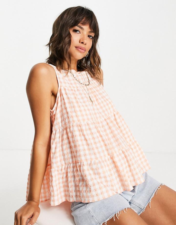 Asos Design Cotton Smock Tank In Peach Gingham-orange