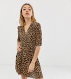 Asos Design Petite Leopard Print Plisse Mini Dress With Button Detail - Multi