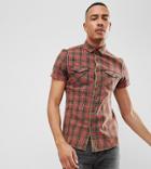 Asos Design Tall Stretch Slim Western Check Shirt With Acid Wash - Red