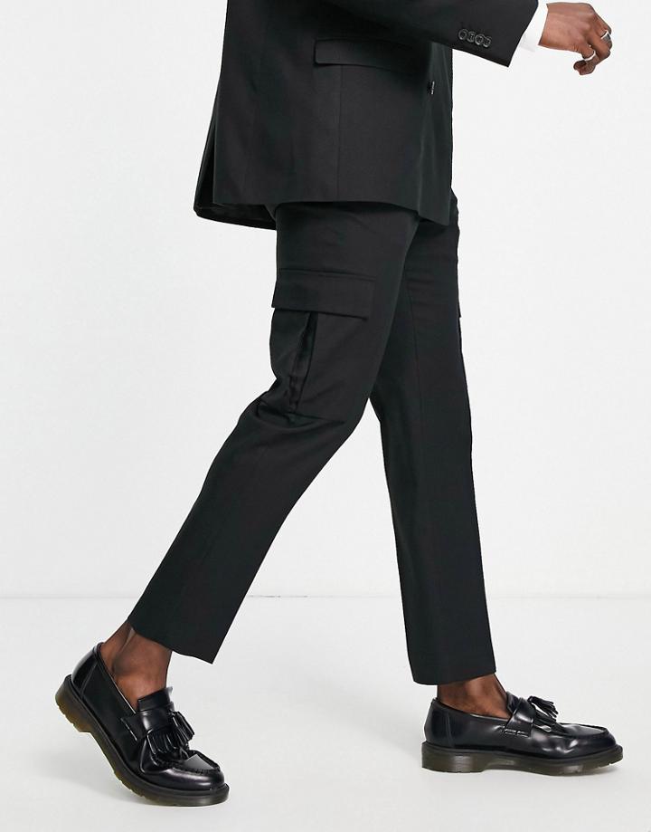 Topman Utility Smart Cargo Suit Pants In Black