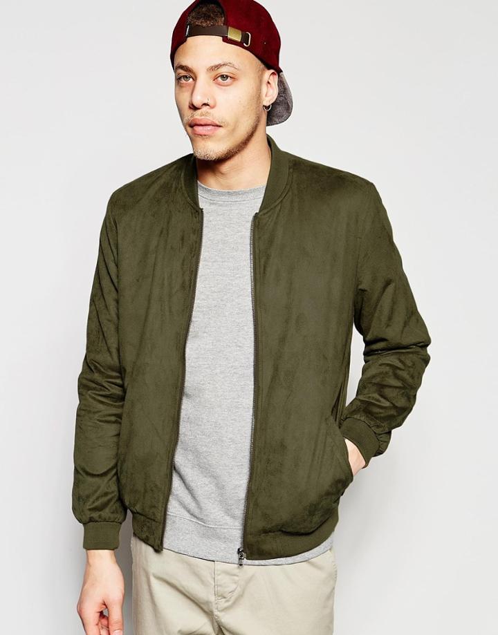 Asos Faux Suede Bomber Jacket In Khaki - Khaki