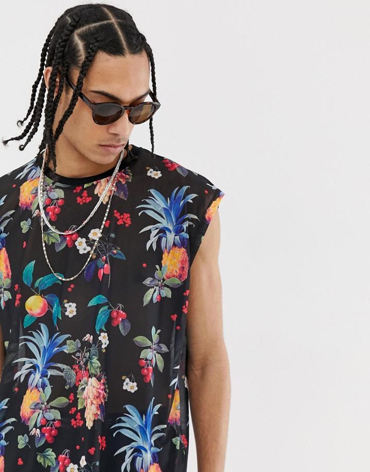 Asos Design Oversized Sleeveless T-shirt With All Over Print In Mesh - Black