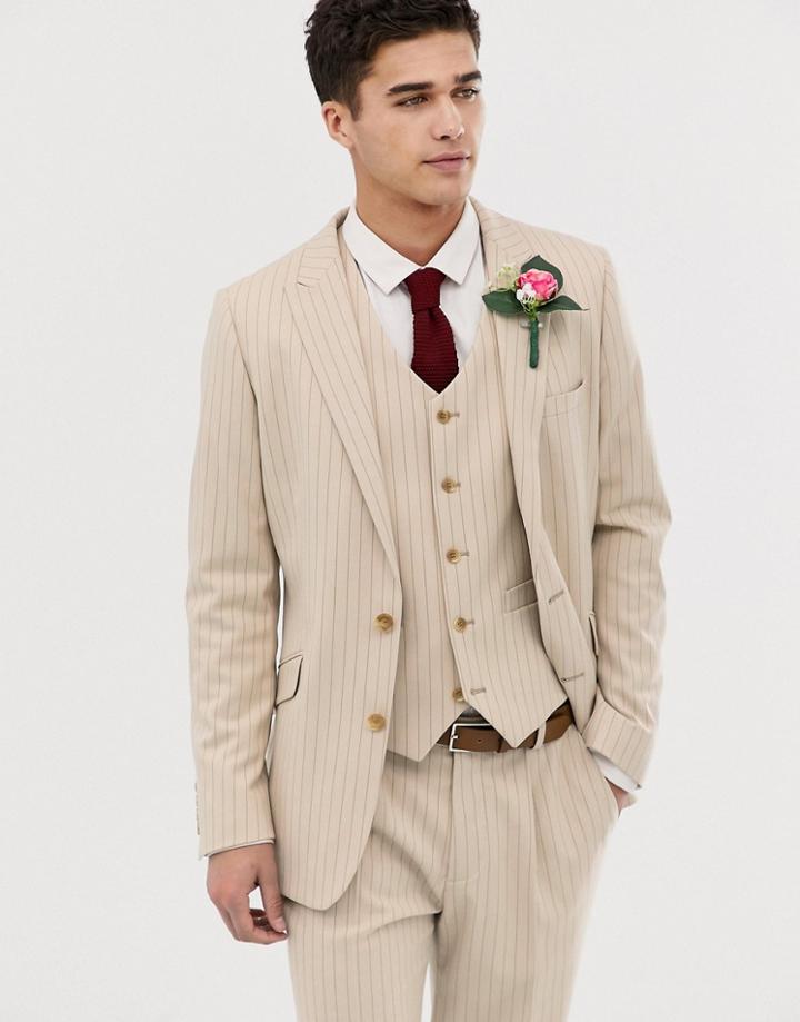 Asos Design Skinny Suit Jacket In Cream Pinstripe