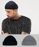 Asos Design Mini Fisherman Beanie 2 Pack In Black & Twist Recycled Polyester Save - Multi