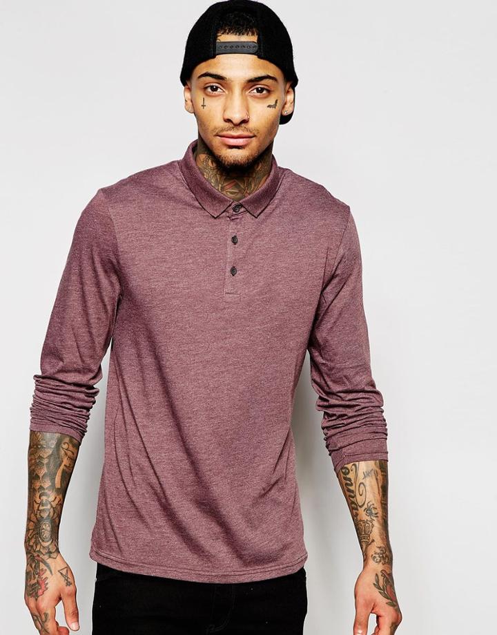 Asos Long Sleeve Jersey Polo In Burgundy Marl - Purple