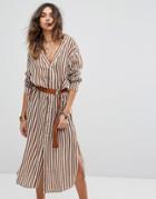 Moon River Stripe Button Down Shirt Dress - Brown