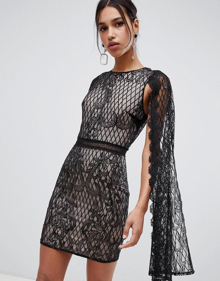 True Decadence Sequin Lace Cape Detail Pencil Dress In Black - Black