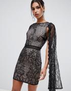 True Decadence Sequin Lace Cape Detail Pencil Dress In Black - Black