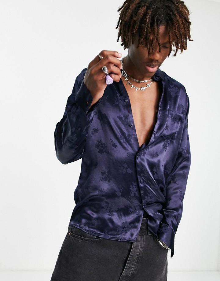 Asos Design Regular Fit Shirt In Navy Floral Jacquard