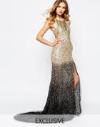 A Star Is Born Luxe Embellished Ombre Sequin Maxi Dress With Red Carpet Train