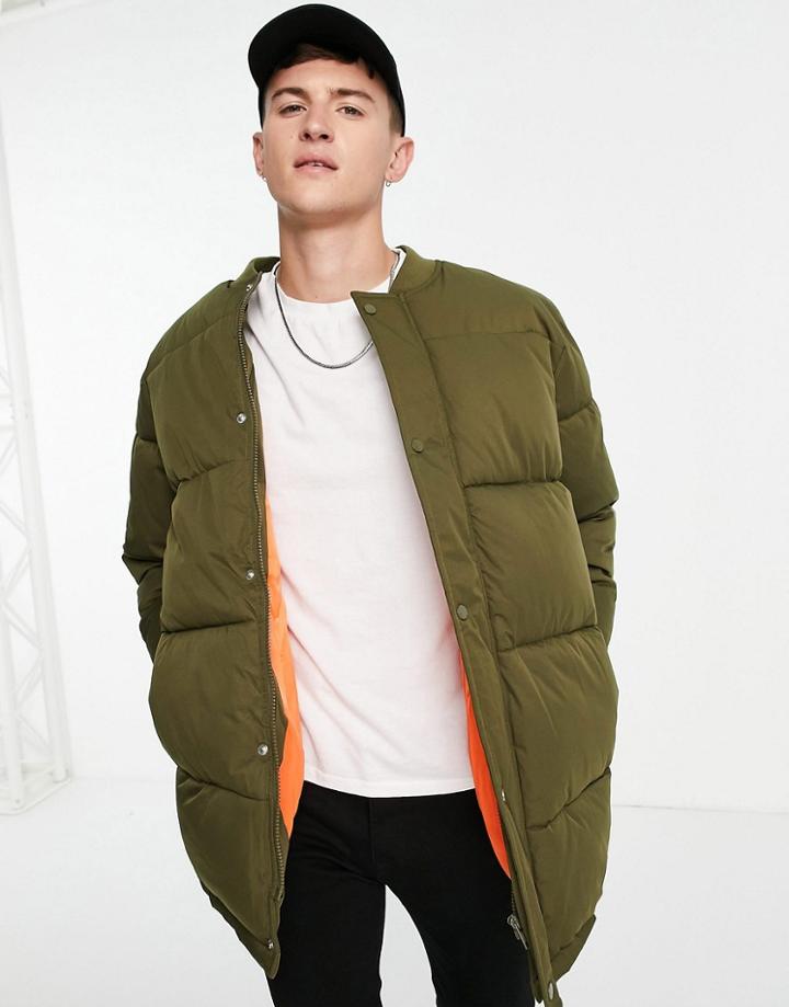 Asos Design Longline Quilted Bomber Jacket In Khaki-green