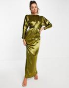 Asos Design Maxi Dress With Batwing Sleeve And Wrap Waist In Satin In Olive-green