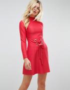Asos Premium Rib Mini Skater Dress With High Neck And Corset Waist - Red