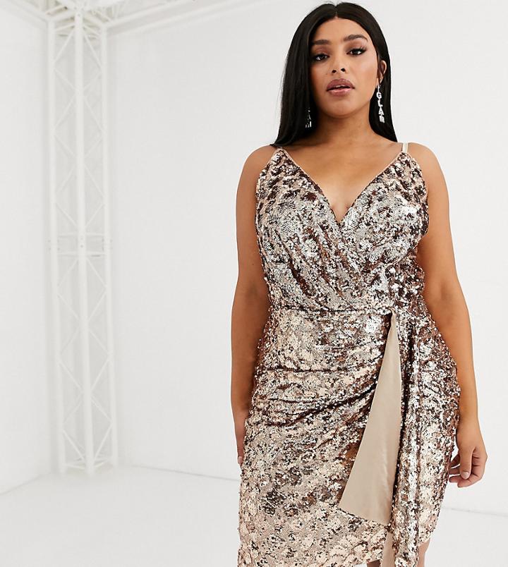 Tfnc Plus Wrap Front Mini Sequin Dress In Rose Gold