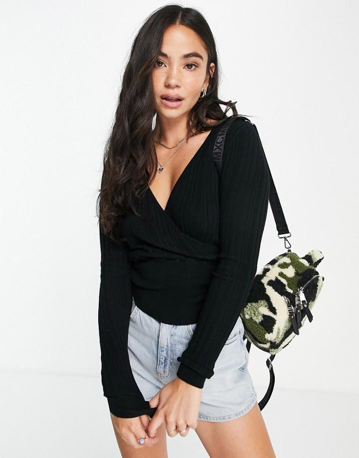 Miss Selfridge Black Wide Rib Knit Deep Wrap Sweater