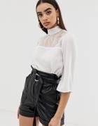 Fashion Union High Neck Top With Lace Panel-white
