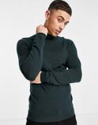 Asos Design Muscle Fit Merino Wool Turtle Neck Sweater In Emerald Green