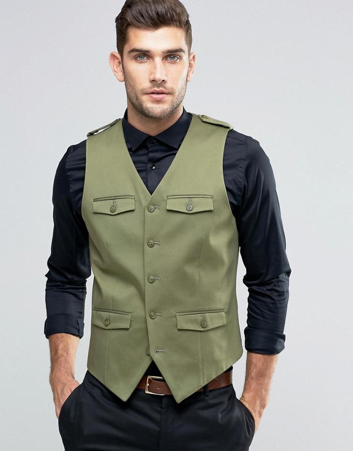 Asos Skinny Vest In Cotton With Military Styling In Khaki - Green
