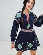 Rd & Koko Long Sleeve Embroidered Skater Dress - Navy