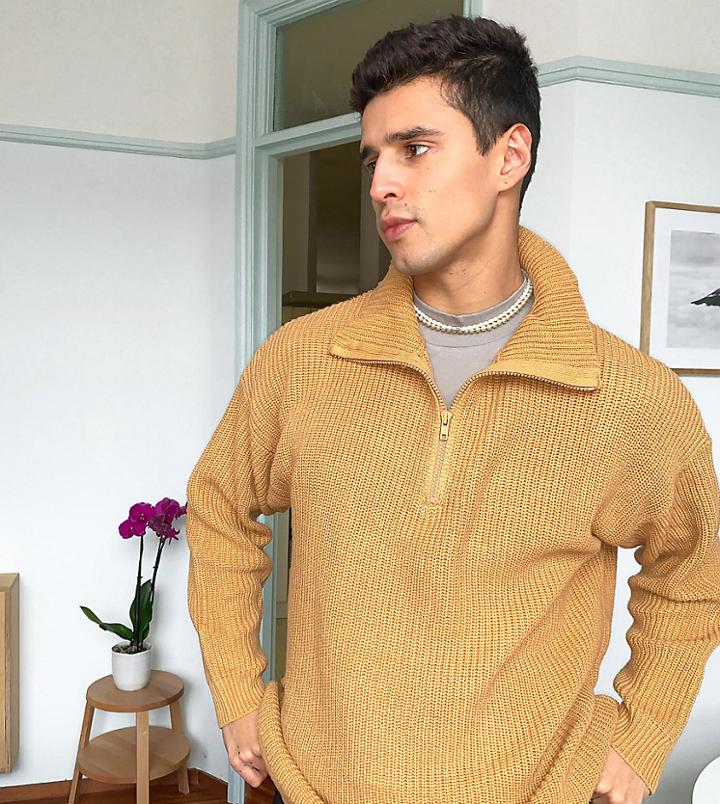 Collusion Funnel Neck Ribbed Sweater In Sand-neutral