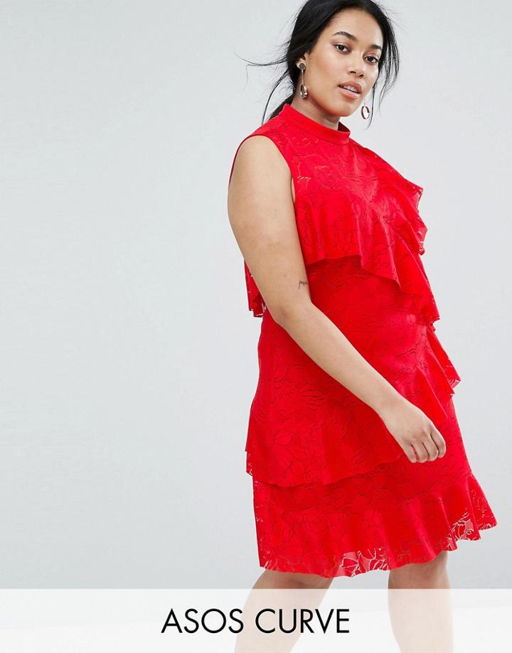 Asos Curve Lace Ruffle Mini Rara Dress - Red