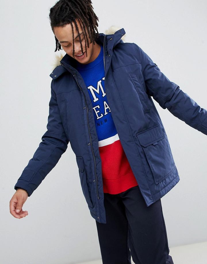 Tommy Jeans Technical Quilted Parka Faux Fur Trim Hood In Navy - Navy