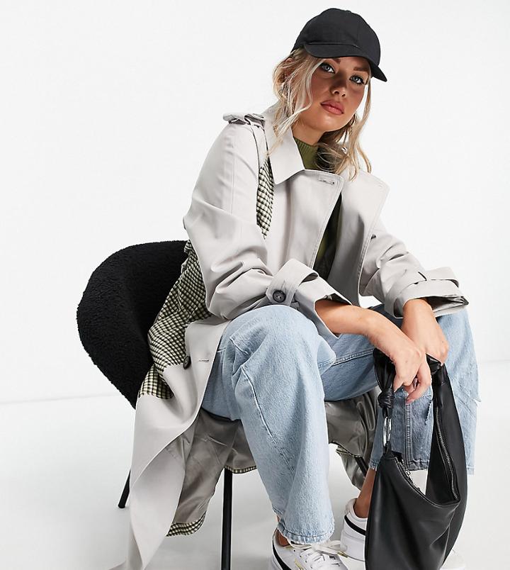 Asos Design Tall Spliced Check Trench Coat-green